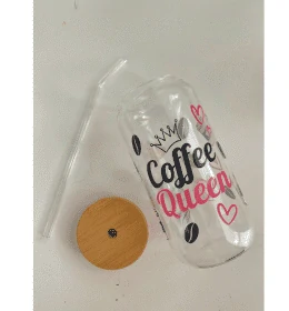 Sklenice s brčkem a bambusovým víčkem 450 ml - Coffee Queen