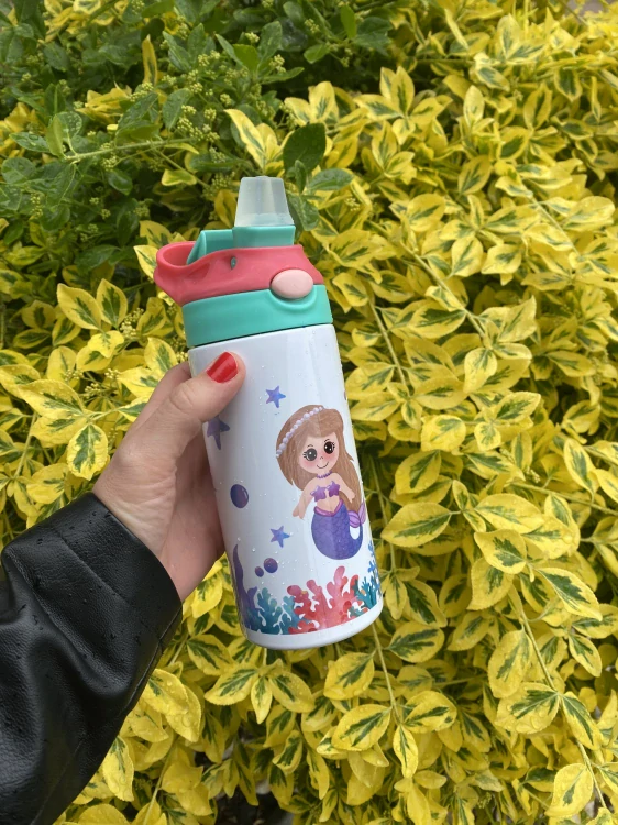 Dětská nerezová lahev s brčkem – Mořská víla, 360 ml