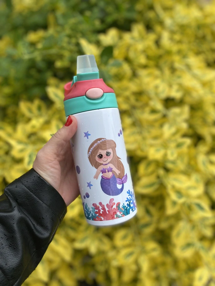 Dětská nerezová lahev s brčkem – Mořská víla, 360 ml