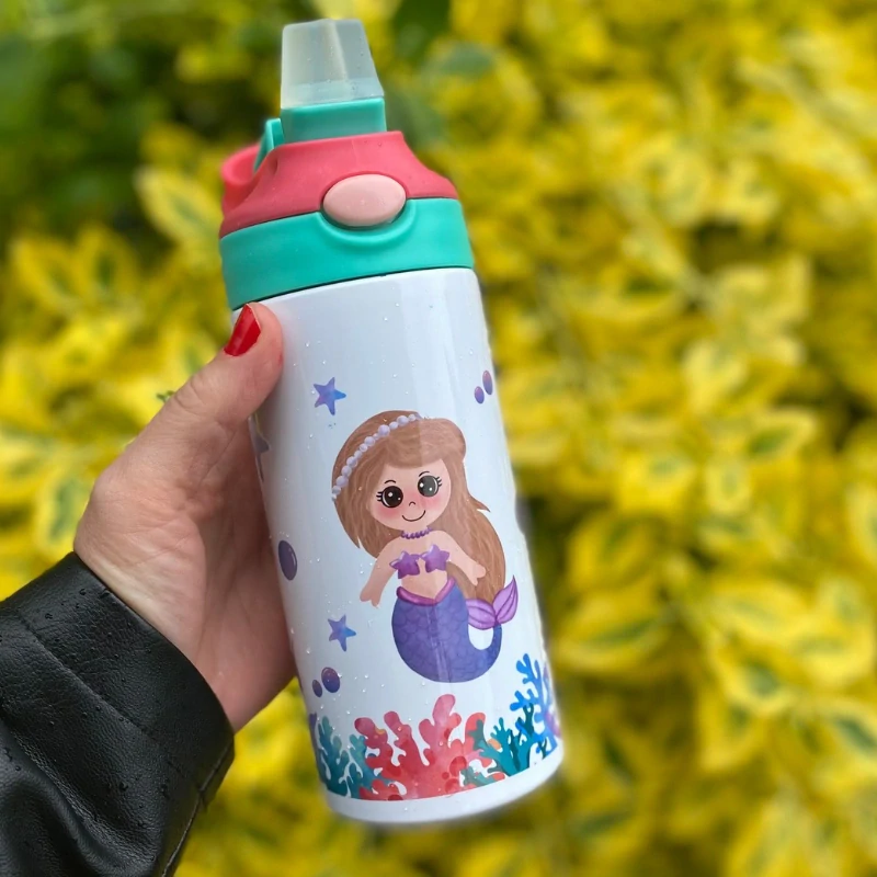 Dětská nerezová lahev s brčkem – Mořská víla, 360 ml